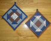Blue Churn Dash Quilt Block Heavy Duty Cotton Potholders - Set of 2 Coordinating Potholders