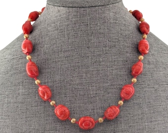Vintage Red Orange Striped Irregular Glass Bead Gold Tone Necklace