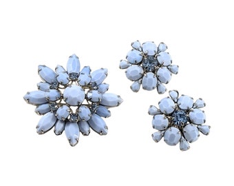 Vintage 1960s Weiss Blue Milk Glass Rhinestone Floral Silver Tone Clip On Earrings &  Brooch Pin Demi Parure Jewelry Set