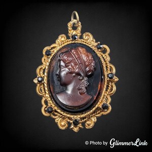 Vintage Oval Root Beer Glass Lady Cameo Ornate Black Rhinestone Gold Tone Pendant