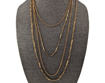 Vintage Four Strand Layered Paper Clip Curb Multi Chain Filigree Box Clasp Gold Tone Necklace