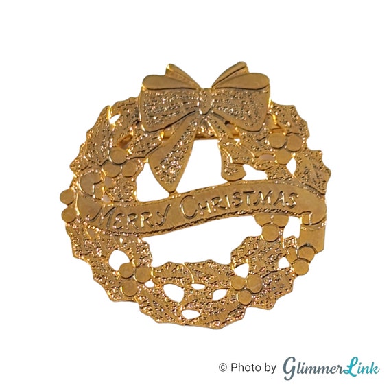 Vintage Flat Etched Merry Christmas Wreath Bow Shiny Gold  display picture 2