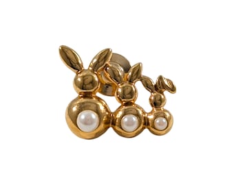 Vintage 90s Avon Three Bunnies Faux Pearl Tails Gold Tone Pin