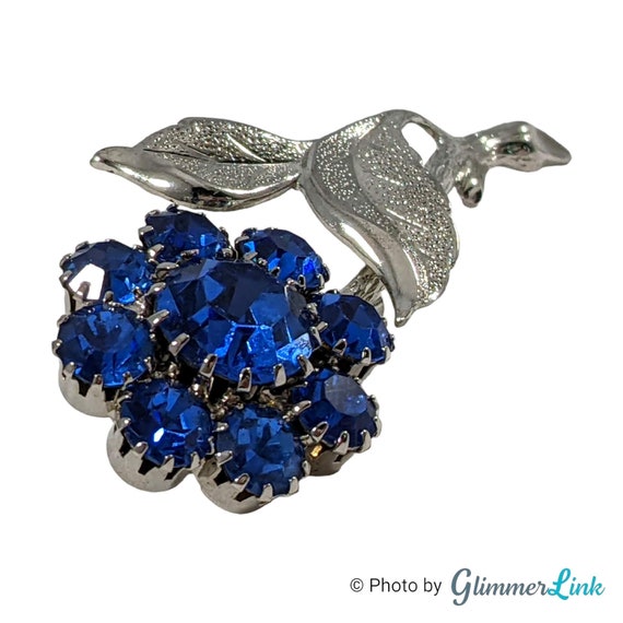 Vintage Elegant Blue Rhinestone Flower Silver Ton… - image 5