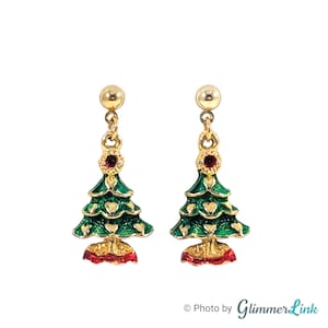 Vintage Holiday Christmas Tree Heart Ornaments Gold Tone Pierced Dangle Earrings