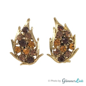 Vintage Paisley Leaf Shaped Brown & Orange Rhinestones Gold Tone Clip On Earrings