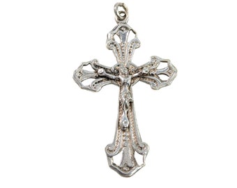 Vintage Alpaca Jesus on Cross Crucifix Signed Silver Tone Pendant