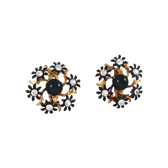 Vintage Gold Tone & Black Flower Cluster Clip On … - image 1