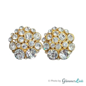 Vintage LARGE Round Clear Rhinestone Chunky Statement Gold Tone Clip On Earrings