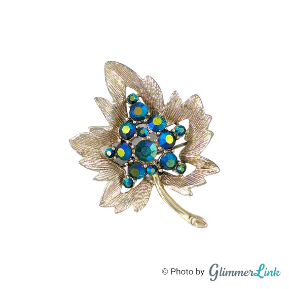 Vintage Blue Aurora Borealis Rhinestone Leaf Gold… - image 1