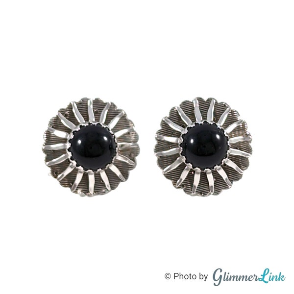 Vintage 60s Sarah Coventry Sunburst Black Cabochon Silver Tone Clip On Earrings