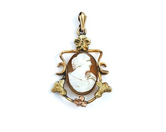 Antique 12K GF J&D Carved Shell Lady Cameo Gold Filled Pendant, Gift for Her