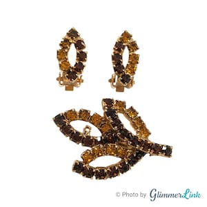 Vintage Yellow Orange & Topaz Brown Rhinestones Gold Tone Leaves Brooch and Clip On Earrings Set
