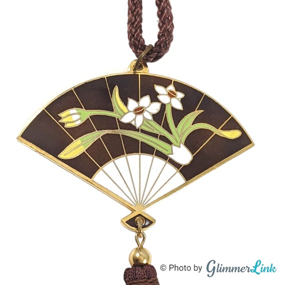 Vintage Asian Fan Inspired Cloisonne Pendant Brow… - image 5