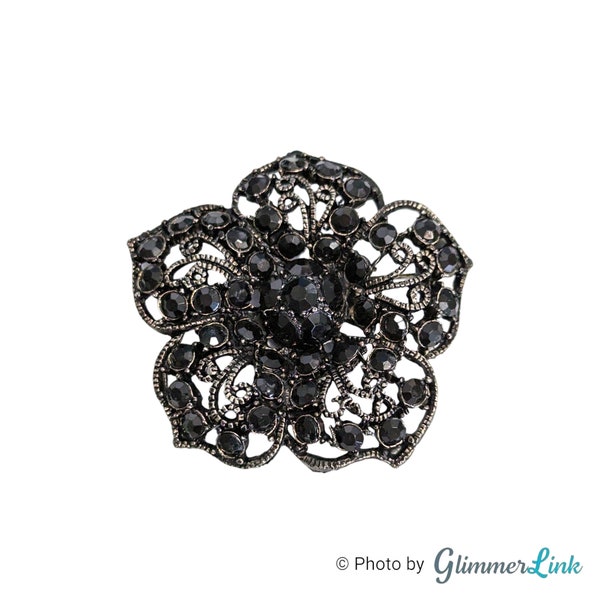 Vintage Black Rhinestones Filigree Lace Flower Brooch Pin