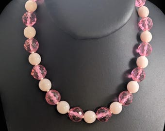 Vintage Pink Glass Bead Necklace Faceted & Smooth Pressed Glass 14" + 3" Extender