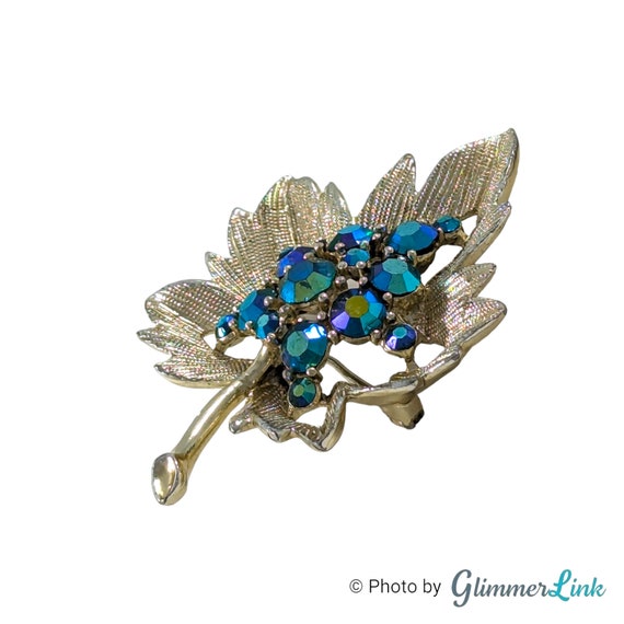Vintage Blue Aurora Borealis Rhinestone Leaf Gold… - image 3