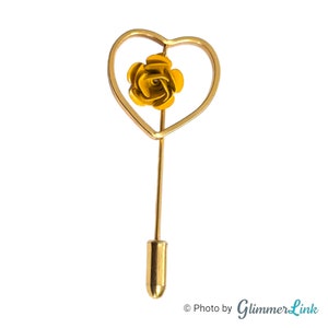 Vintage Open Heart Yellow Dangling Rose Love Friendship Gold Tone Unisex Stick Pin Hat Pin