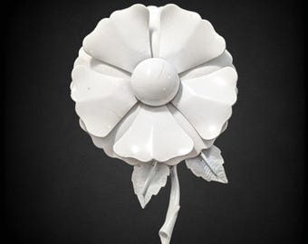 Vintage 70s White Enamel Layered Petals Flower Brooch