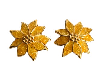 Vintage 1980s Avon Yellow Glitter Poinsettia Enamel Pierced Earrings