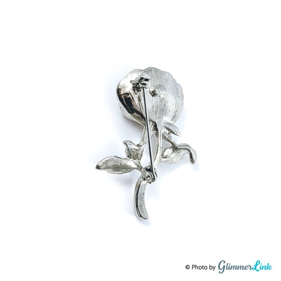 Vintage Silver Tone Single Rose Faux Pearl Brooch - image 4