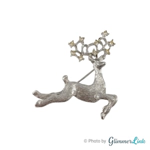 Vintage Textured Jumping Reindeer Figural Clear Rhinestone Silver Tone Brooch Pin