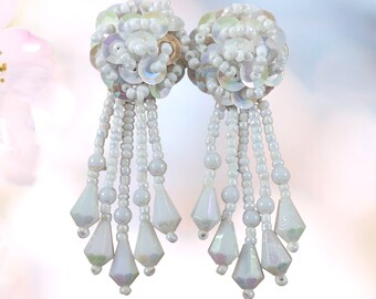 Vintage White AB Aurora Borealis Sequin Fringe Dangle Earrings