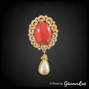 Vintage RARE De Nicola Red Orange Glass Cabochon Ornate Rhinestone Faux Pearl Teardrop Dangle Gold Tone Brooch