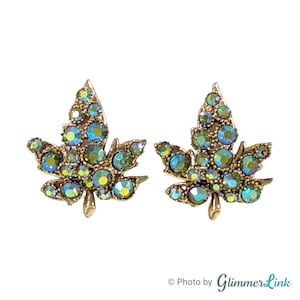Vintage BSK Aurora Borealis Maple Leaf Gold Tone Ear Climber Clip On Earrings