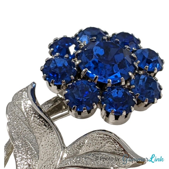 Vintage Elegant Blue Rhinestone Flower Silver Ton… - image 6
