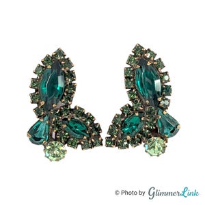 Vintage Mid Century Butterfly Green Rhinestone Ear Climber Gold Tone Clip On Earrings