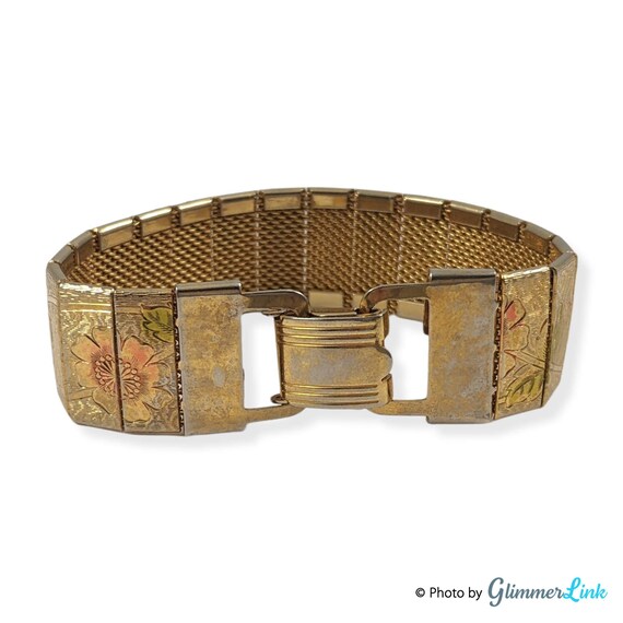 Vintage Gold Tone Floral Panels Mesh Bracelet - image 4