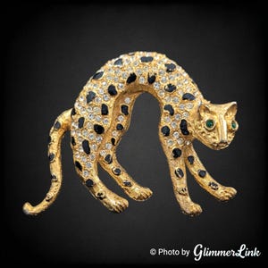 Panther 豹 エナメル ジルコニア vintage ブローチ ｄ02 Vintage Panther Rhinestone Brooch - Gold Leopard Shoulder