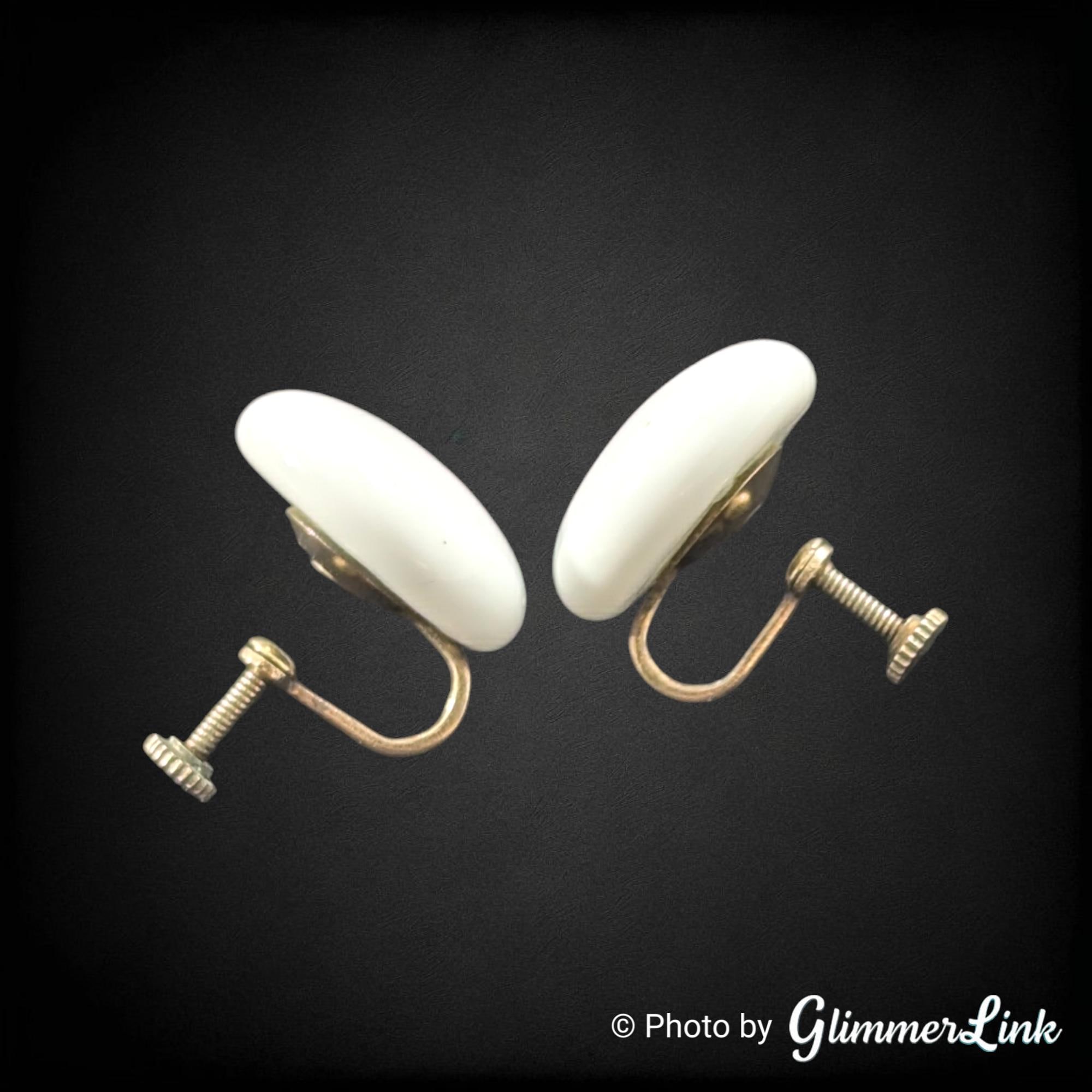 Vintage 50 Vintage Milk Glass Screw Back Earrings White Round Button Mid-Century 1950s display picture 1