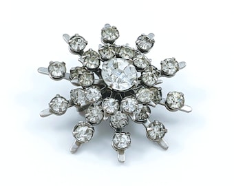 Vintage Starburst Snowflake Clear Sparkly Rhinestone Riveted Silver Tone Brooch