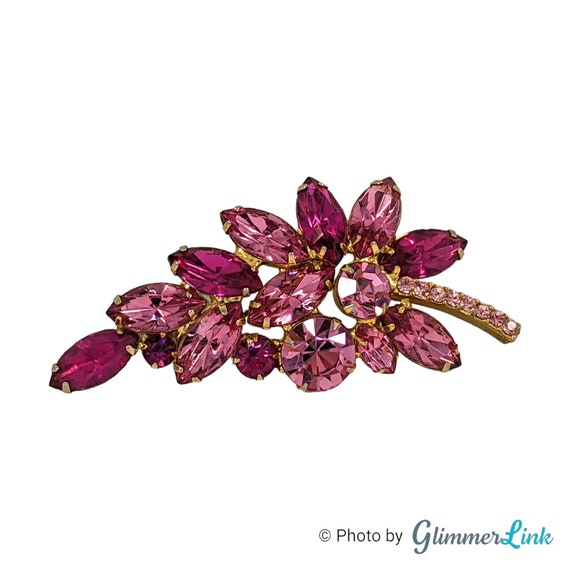Vintage 1960s Lustrous Pink Rhinestone Leaf & Stem