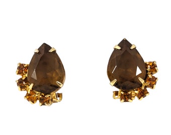 Vintage Brown Teardrop Orange Rhinestone Gold Tone Clip On Earrings