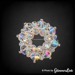 Vintage Aurora Borealis Clear AB Glass Beaded Cluster Wreath Brooch Pin Unisex Bridal Wedding