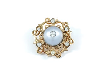 Vintage 1950s Sarah Coventry Lucite Moonglow Gold Tone Filigree Swirls Brooch Mid Century Gift