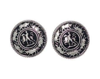 Vintage Matador Bullfighter Bull Round Black Enamel Silver Tone Cufflinks