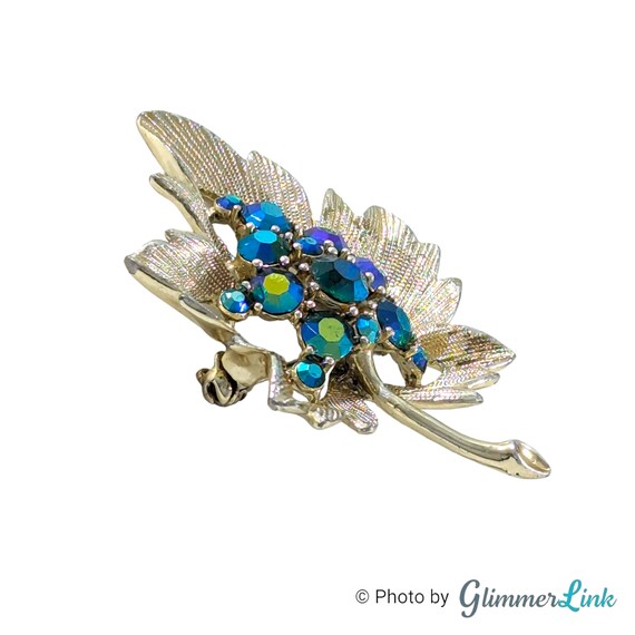Vintage Blue Aurora Borealis Rhinestone Leaf Gold… - image 2