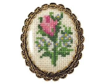Vintage Petit Point Embroidered Floral Rose Cameo Brooch Pendant