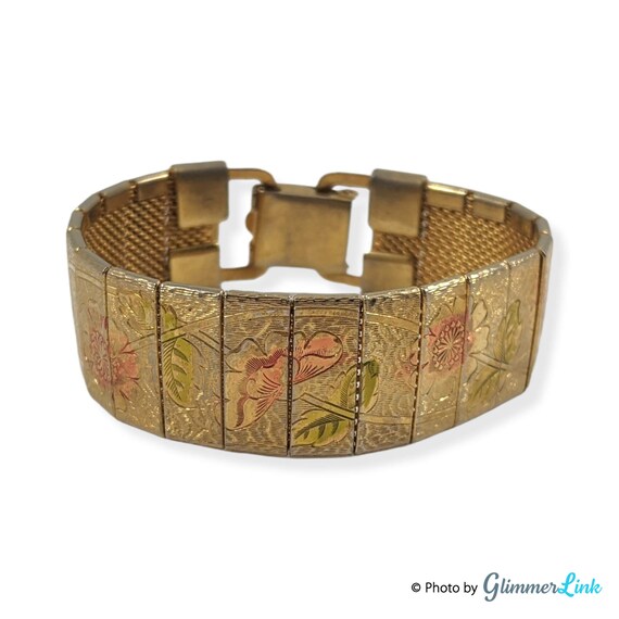 Vintage Gold Tone Floral Panels Mesh Bracelet - image 1