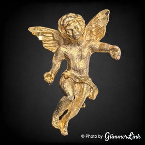 Vintage Cherub Guardian Angel Religious Gold Tone Brooch Pin