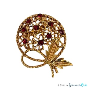 Vintage Red Rhinestones Floral Filigree Bouquet Wreath Gold Tone Brooch