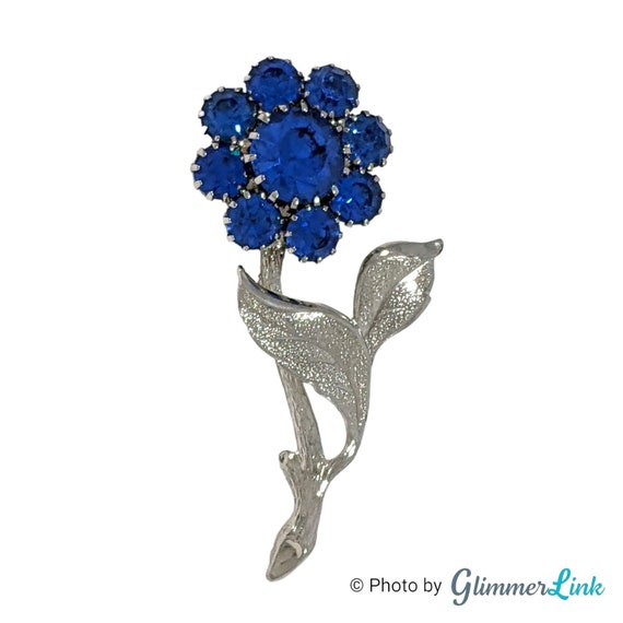Vintage Elegant Blue Rhinestone Flower Silver Ton… - image 2