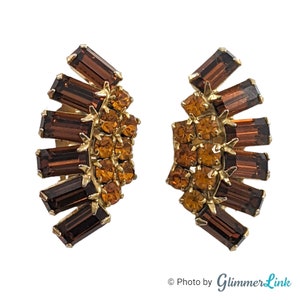 Vintage 1960s Brown Orange Rhinestone Baguette Crescent Shape Climber Clip On Earrings