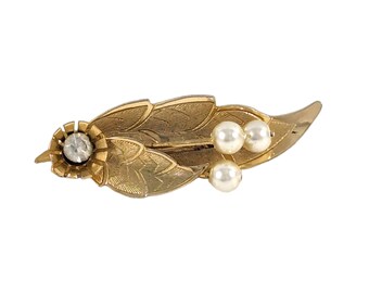 Vintage Japan Floral Leaf Faux Pearl Rhinestone Gold Tone Hair Clip Barrette