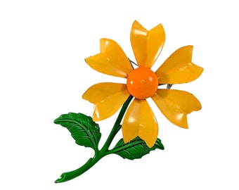 Vintage 1960s Bright Yellow & Orange Daisy Flower Brooch Pin