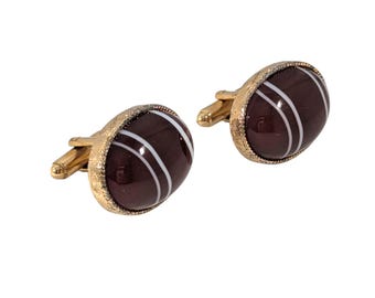 Vintage Dante Maroon Glass Cabochon White Stripe Gold Tone Cufflinks